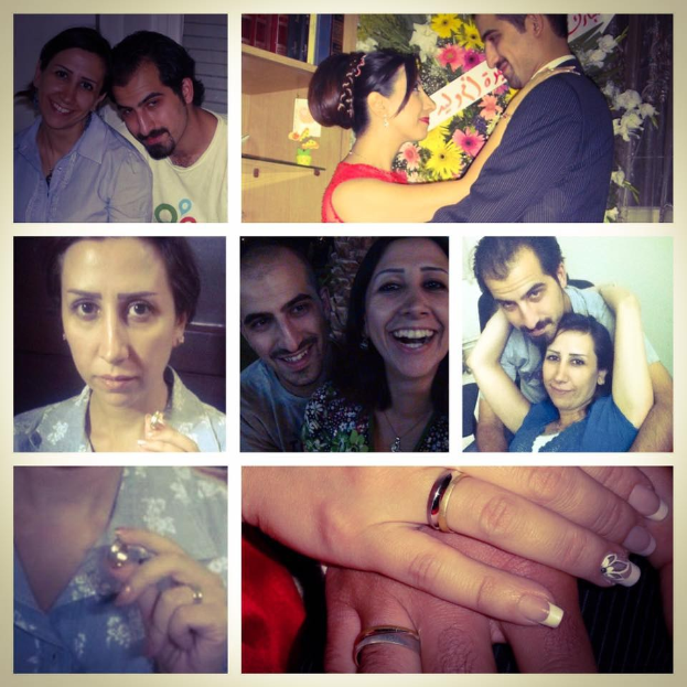 Ein Collage mit einem Mann und einer Frau mit Eheringen, umgeben von Blumen und anderen Hintergrundobjekten.