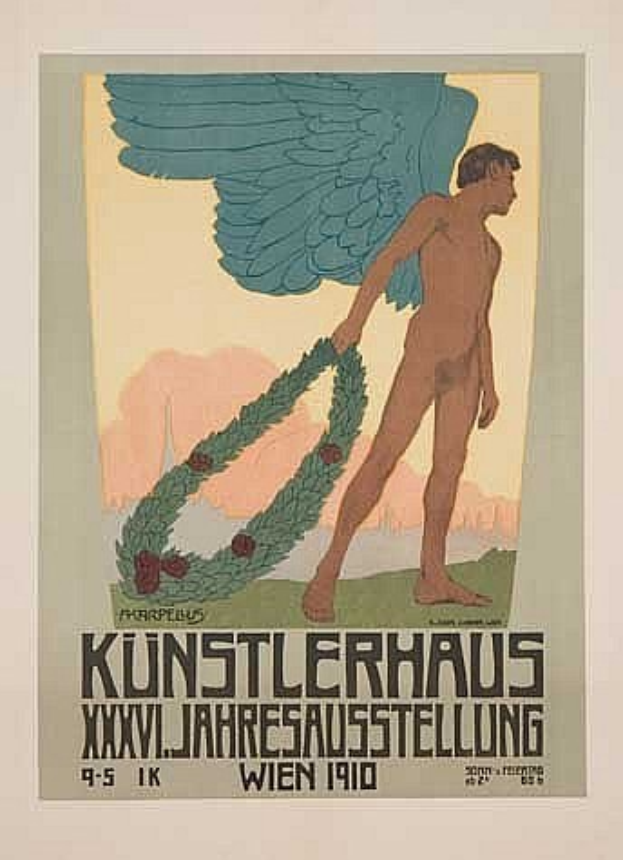 Deutsches Propagandaplakat aus dem Jahr 1910 für das Künstlerhaus Wien mit einem geflügelten Mann in einem Kranz, ausgestreckte Arme, mit deutlicher Schrift und leuchtenden Farben.