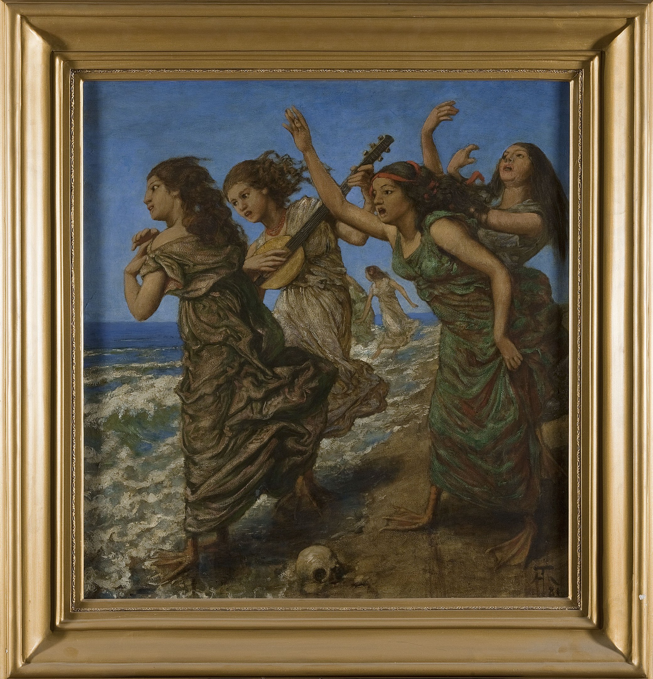 Gemälde einer Gruppe von Frauen am Strand, eine hält ein Musikinstrument, gerahmt in einem klassischen Foto-Rahmen.