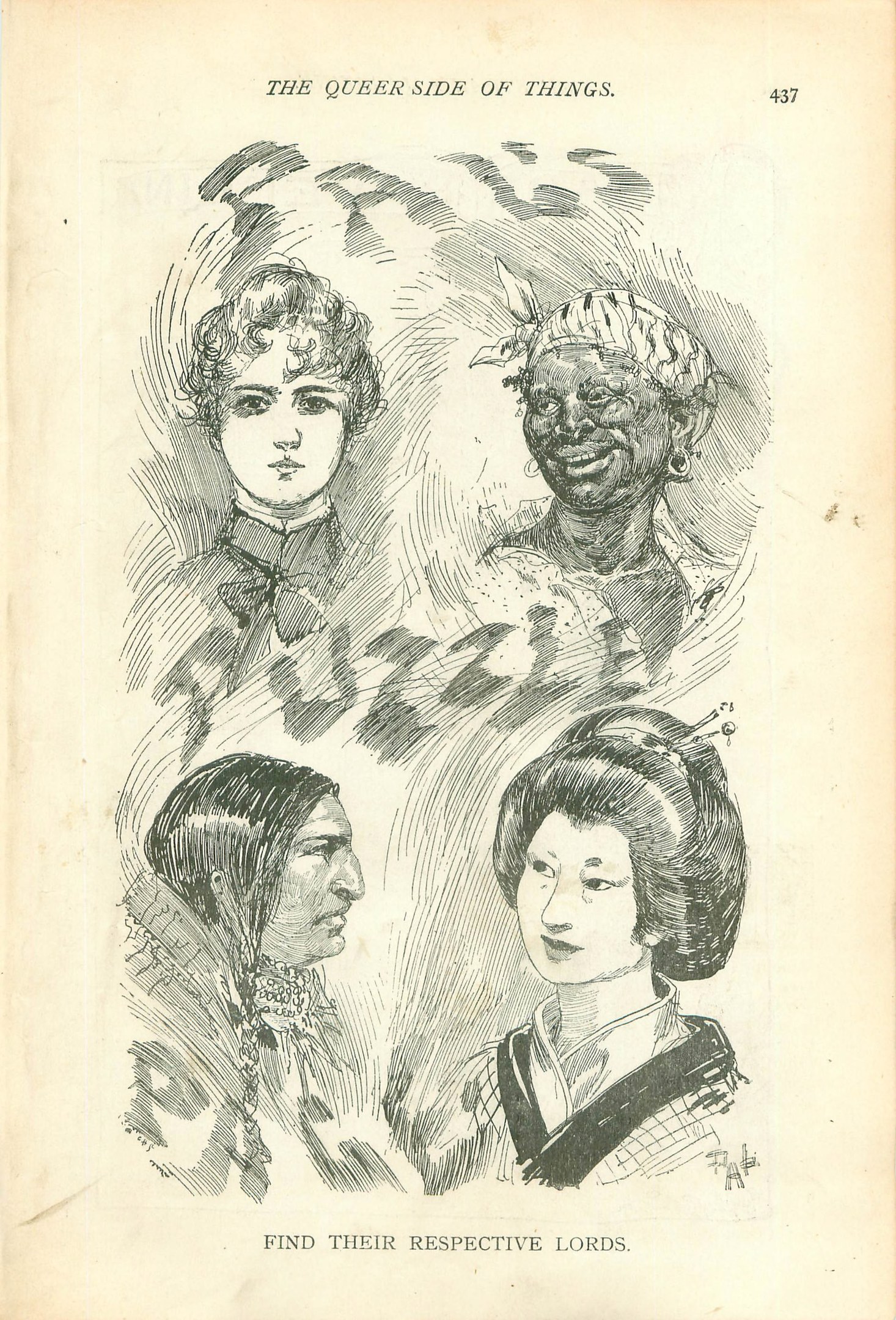 Titelbild eines alten Buches namens "Die queere Seite der Dinge" mit vier illustrierten Frauenköpfen.