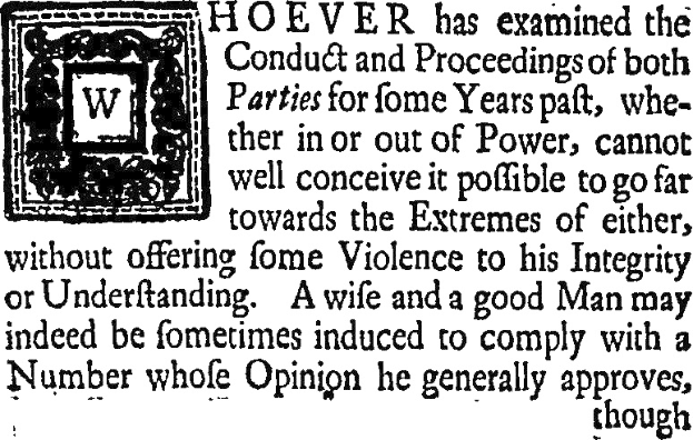 Schwarzes und weißes Foto eines Mannes in Anzug und Krawatte mit zentrierter Schrift und einem Logo, die Schrift lautet "Hoever, das Verhalten und die Vorgängeboth parties for fome years paft, whe-their in or out of power, cannot well conceive it pollible to go far towards the extremes of either, without offering fome violence to his integrity or understanding a wife and a good man may indeed be sometimes induced to comply with a number whole opinion he generally approves, though."