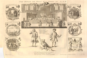 Ein Blatt mit Bildern von bedrängten Menschen und einer fett gedruckten Warnung vor den Gefahren des Rechtswegs.