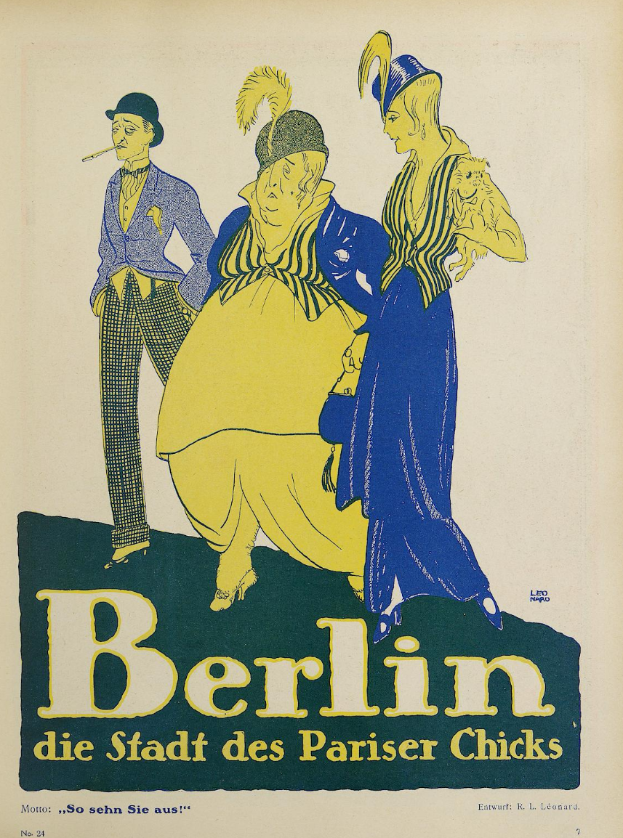 Ein Plakat für ein Konzert in Berlin, Deutschland, das eine Gruppe von Menschen in bunter Kleidung vor einem Gebäude zeigt, mit dem Text "Berlin - Die Stadt des Pariser Chicks" öberall