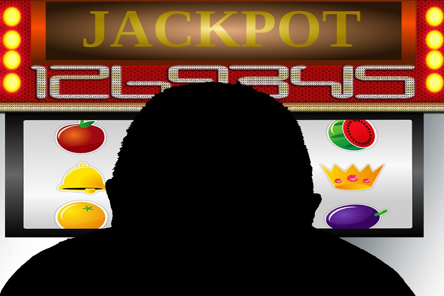 Ein Mann spielt ein Online-Slot-Spiel mit einer 'Jackpot'-Anzeige, umgeben von fruchtmotivischen Symbolen und Text.
