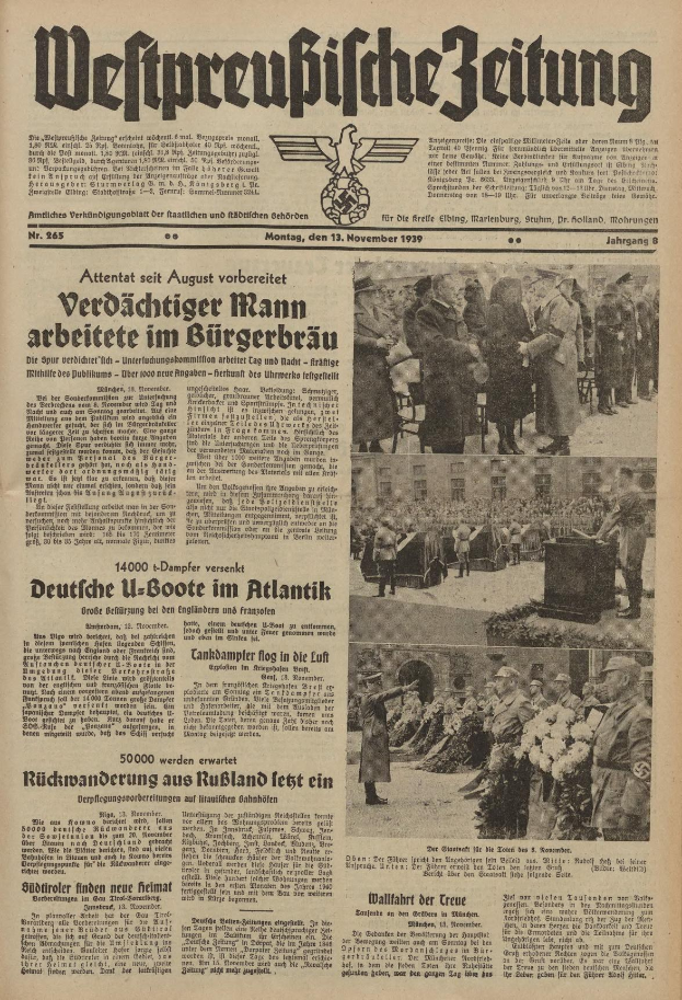 Schwarze und weiße Titelseite einer deutschen Zeitung vom 13. November 1939, betitelt "Weitpreubliche Zeitung", mit einem Gruppenbild von Menschen in traditioneller deutscher Kleidung in einer feierlichen Atmosphäre.