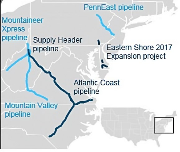 Detailierte Karte des Eastern Shore 2017 Pipeline-Erweiterungsprojekts, die dessen Route durch Städte, Ortschaften und Gewässer zeigt, mit Textangaben zu Start- und Endpunkten, Dauer und anderen Projektinformationen.