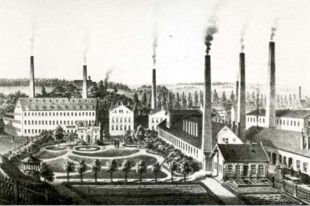 Schwarze und weiße Zeichnung eines Fabrikgebäudes mit rauchenden Schornsteinen, umgeben von Gebäuden, Grünflächen und einem Zaun, beschriftet mit "New York State Penitentiary" unten.