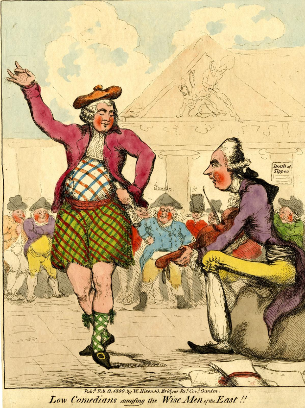 Cartoon eines Mannes in einem Kilt und einer Frau in einem Kleid, die vor einem Publikum vor einem Gebäude unter einem bewölkten Himmel auftreten, mit der Bildunterschrift "Low Comedians Amusing the Wise Men of the East" unten.