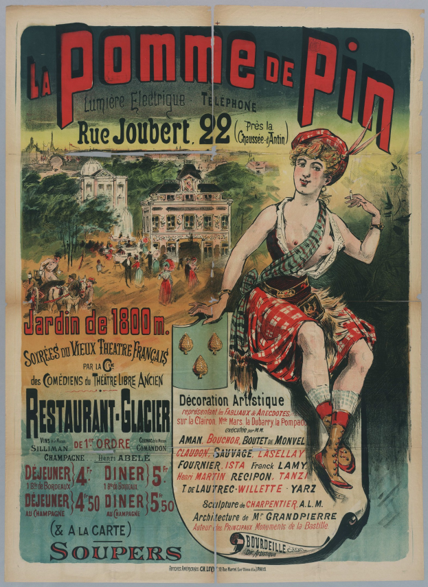 Alte Plakatwerbung für ein "pomme de pin"-Event in Paris mit einer Frau in einem Kilt, umgeben von Menschen, Bäumen und Gebäuden mit Werbetext.