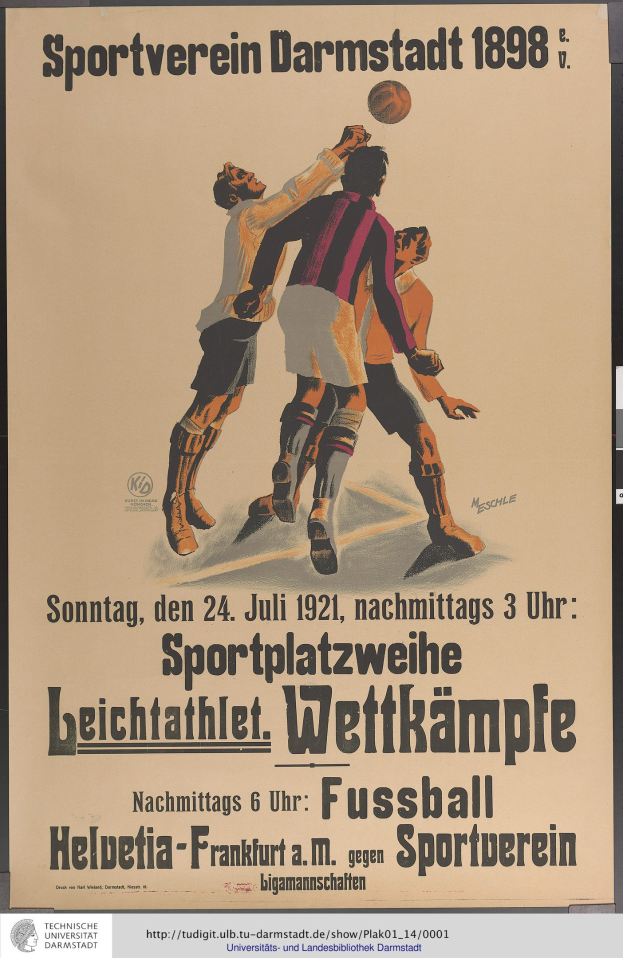 Ein Plakat, das ein Fußballspiel von Männern in Uniformen zeigt, die Fußball spielen, mit Text, der das Ereignis beschreibt.