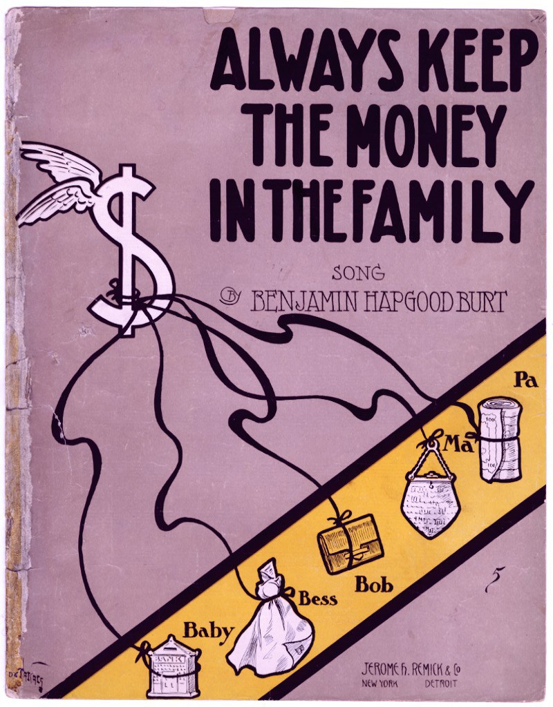Plakat mit fetter schwarzer Schrift "Immer das Geld in der Familie lassen" auf einem weißen Hintergrund, das eine farbenfrohe Illustration einer strahlenden Familie von vier Personen zeigt, die in einem Kreis unter einem hellblauen Himmel mit weißen Wolken stehen.