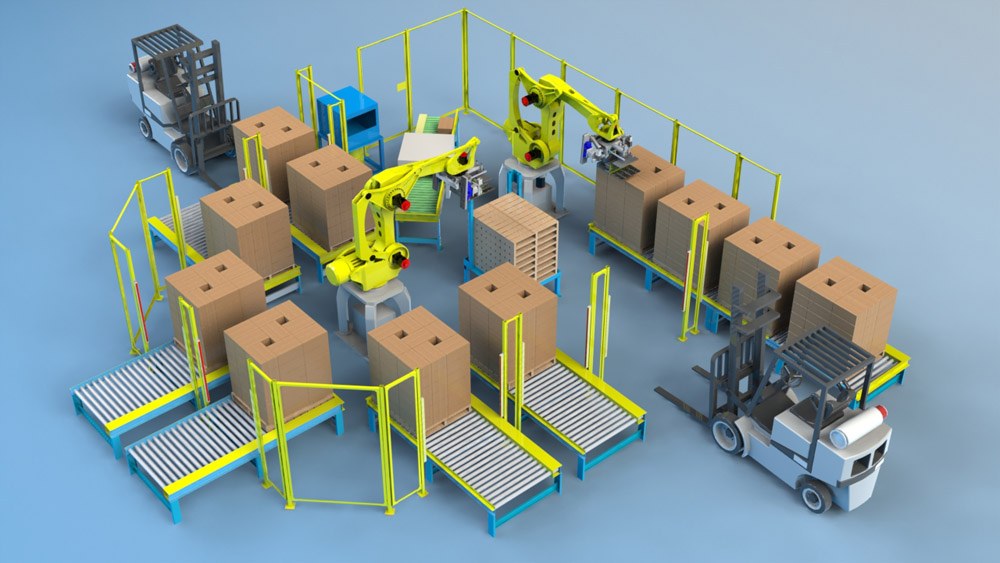 Gruppe automatischer Roboter an einem Förderband in einem Lager, die Kartons bearbeiten, mit Fahrzeugen auf dem Boden sichtbar.