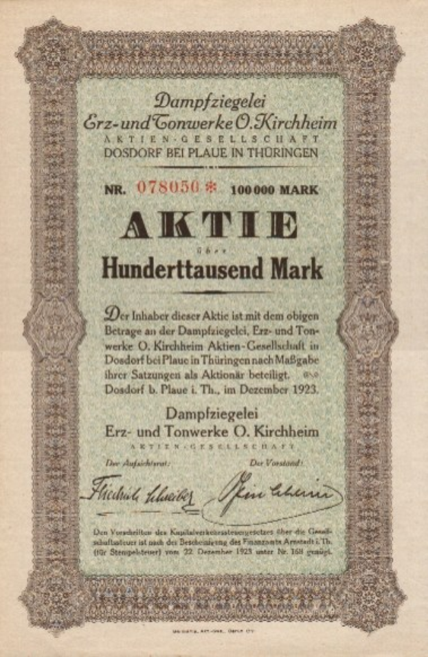 Ein altes deutsches Aktienzertifikat mit einem Porträt eines Mannes und gedrucktem Text über die Herkunft des Aktien.