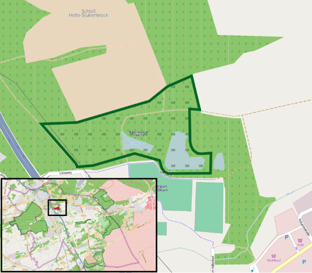 Eine Stadtkarte mit einem grünen Bereich in der Mitte, der einen geplanten Standort anzeigt, zeigt die Grenzen von Gebäuden, Straßen und andere Stadtmerkmale.