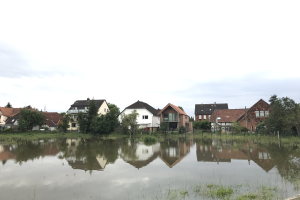 Eine überflutete Straße mit teilweise unter Wasser stehenden Häusern, umgeben von Gras, Pflanzen, Bäumen und Strommasten, unter einem sichtbaren Himmel.