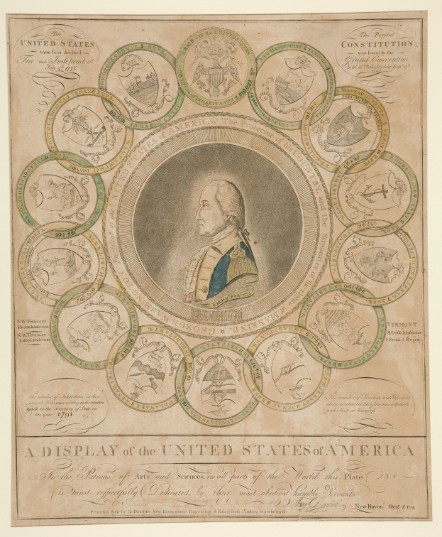 Porträt von George Washington in der Mitte einer kreisförmigen Anordnung von US-Münzen mit Text am Rand.