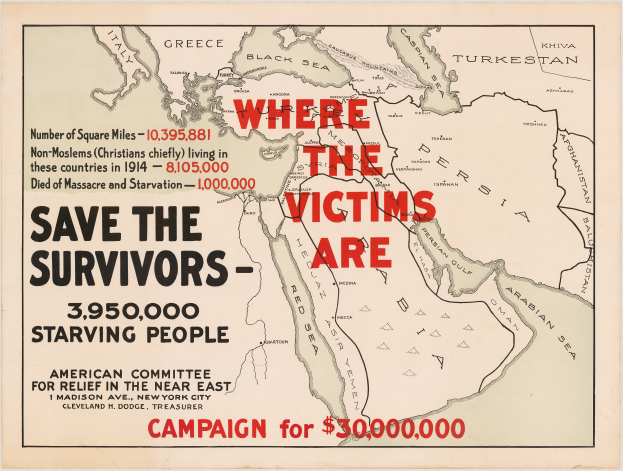 Ein Plakat mit einer Weltkarte und dem Text "Wo die Opfer sind: Retten Sie die Überlebenden - 3.950.000 hungernde Menschen", um auf die Auswirkungen des Krieges und die Notwendigkeit von Maßnahmen aufmerksam zu machen.