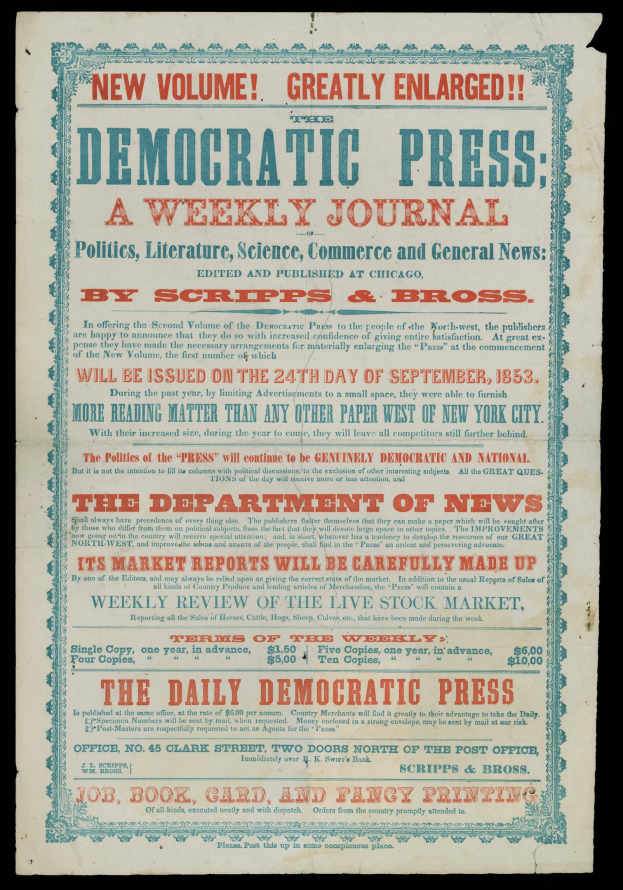 Eine Zeitung mit der Aufschrift "Democratic Press: A Weekly Journal" auf schwarzem Hintergrund.