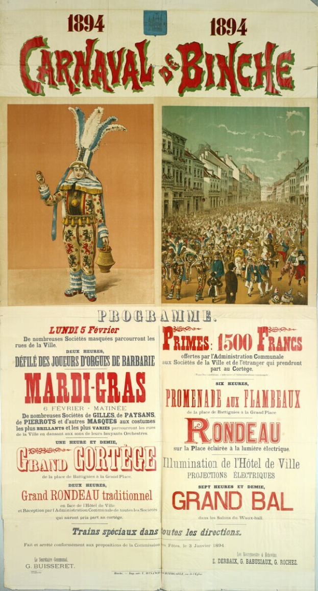 Ein Vintage-Plakat, das ein Karneval in Banche, Frankreich, ankündigt und Illustrationen von Menschen, Gebäuden und Text enthält.