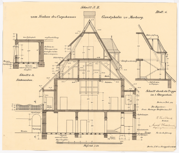 Ein detailliertes Bild des ersten Hauses in Deutschland, das ein Haus mit zahlreichen Fenstern und einem Dach zeigt, begleitet von ausf√ľhrlichen Pl√§nen und Texten, die den Aufbau beschreiben.