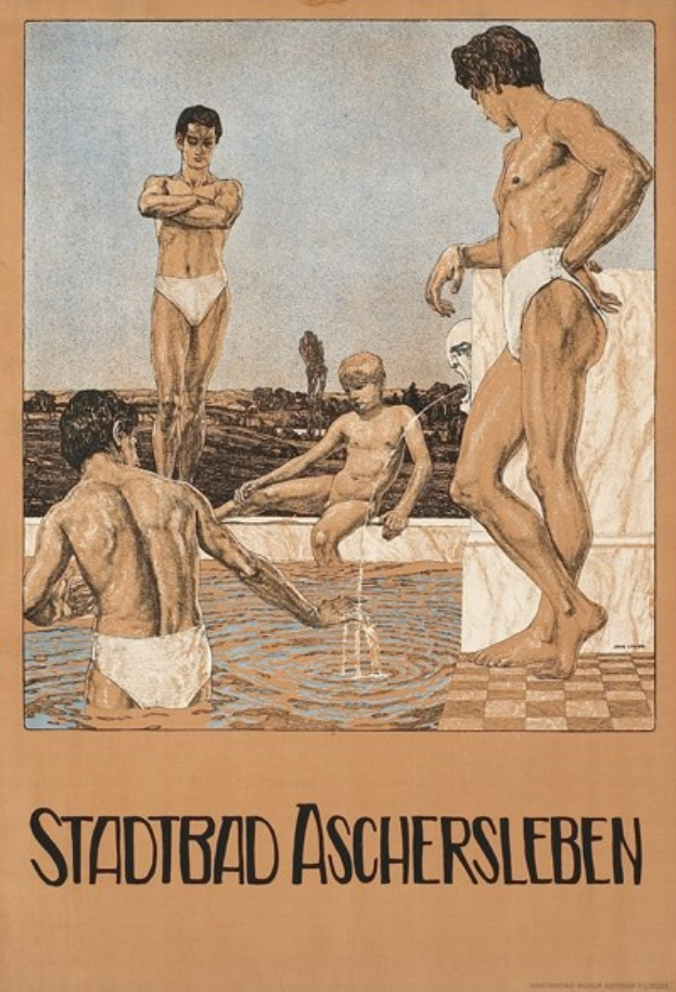 Ein Plakat, das ein Schwimmbad in Aschersleben ankündigt und eine Gruppe von Menschen im Wasser zeigt, darunter eine Person, die sitzt, sowie Text, der Informationen zum Schwimmbad enthält.