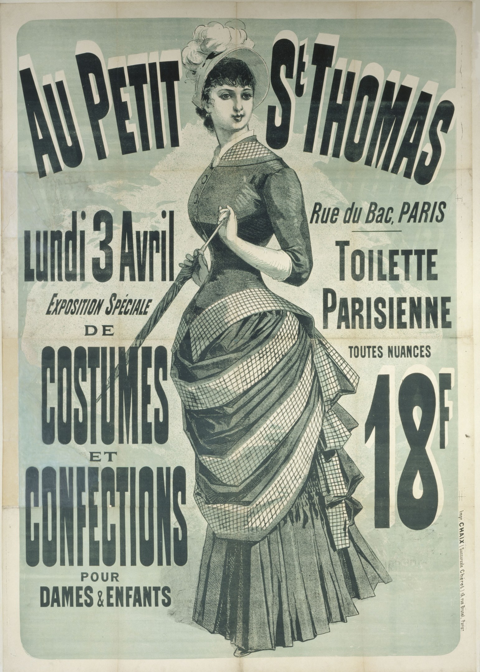 Vintage-Plakat für eine Kostümvorstellung mit einer Frau in einem langen, hochgeschlossenen, langärmligen Kleid mit einem Dutt, elegant posierend