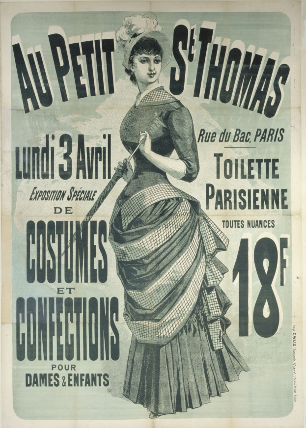 Vintage-Plakat für eine Kostümvorstellung mit einer Frau in einem langen, hochgeschlossenen, langärmligen Kleid mit einem Dutt, elegant posierend