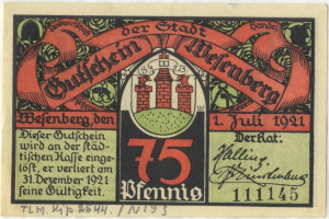 Eine alte deutsche Banknote mit einem Gebäude darauf, mit der Aufschrift "Bundesliga" und einem Logo unten, vor einem weißen Hintergrund.