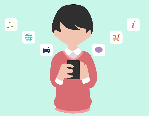 Animierter Mensch hält ein Smartphone mit App-Icons, die den Einsatz von Online-Shopping-Apps andeuten.