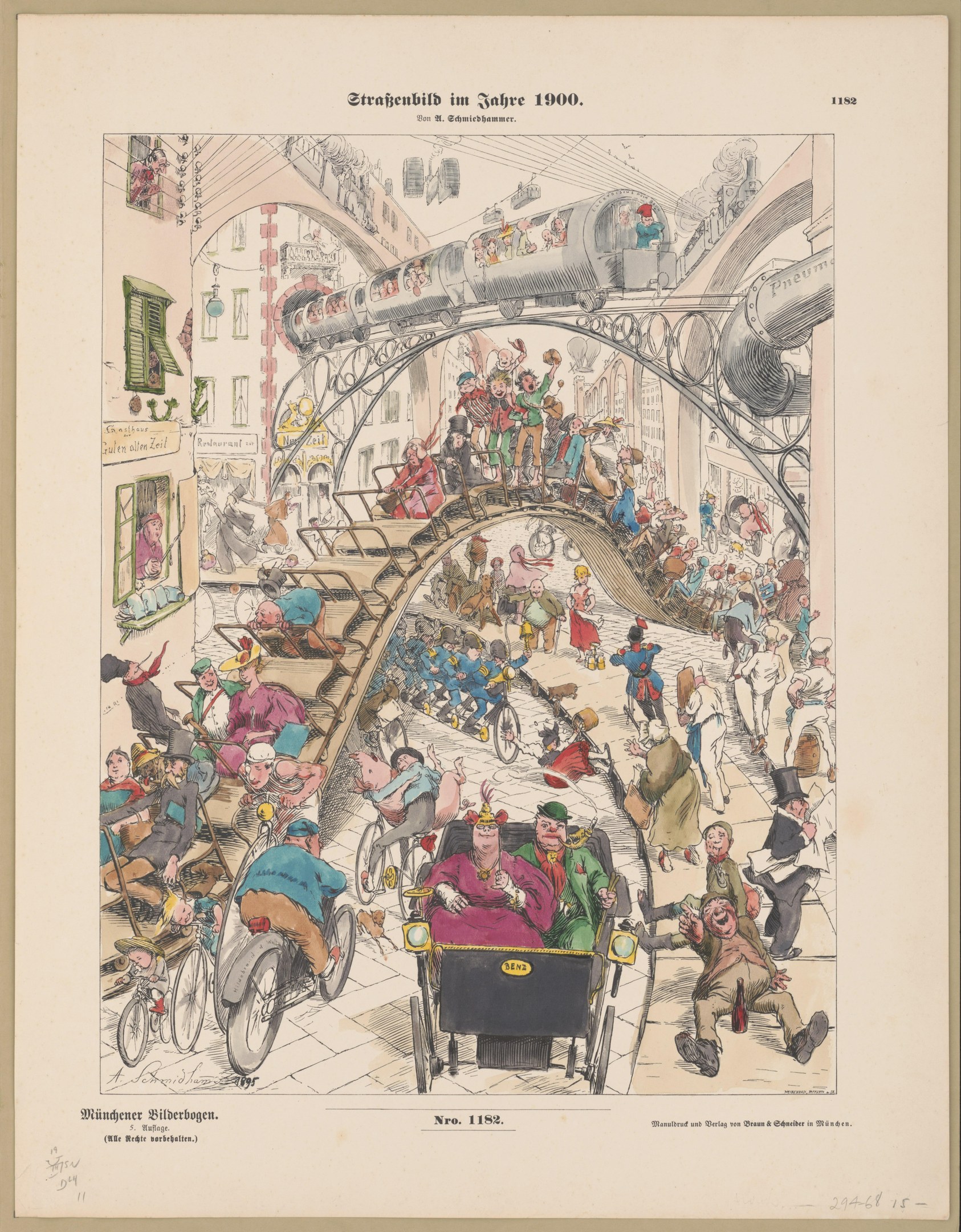 Schwarze und weiße Illustration einer überfüllten Bahnhofshalle im Jahr 1900, umrahmt von einem Fotorand, mit Menschen in verstörenden Posen.