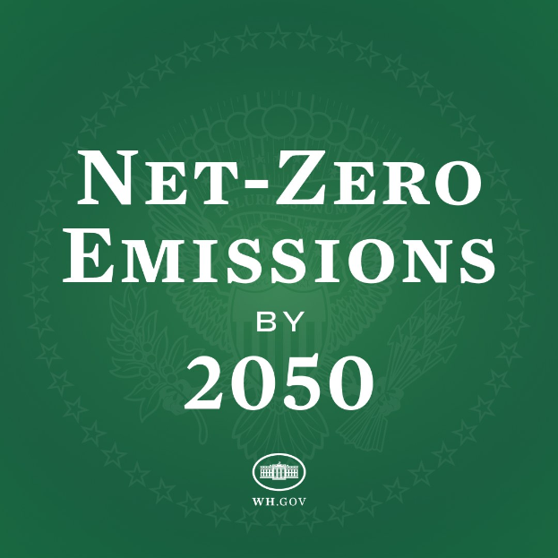 Grüner Hintergrund mit fetter weißer Schrift 'Netto-Null-Emissionen bis 2050.'