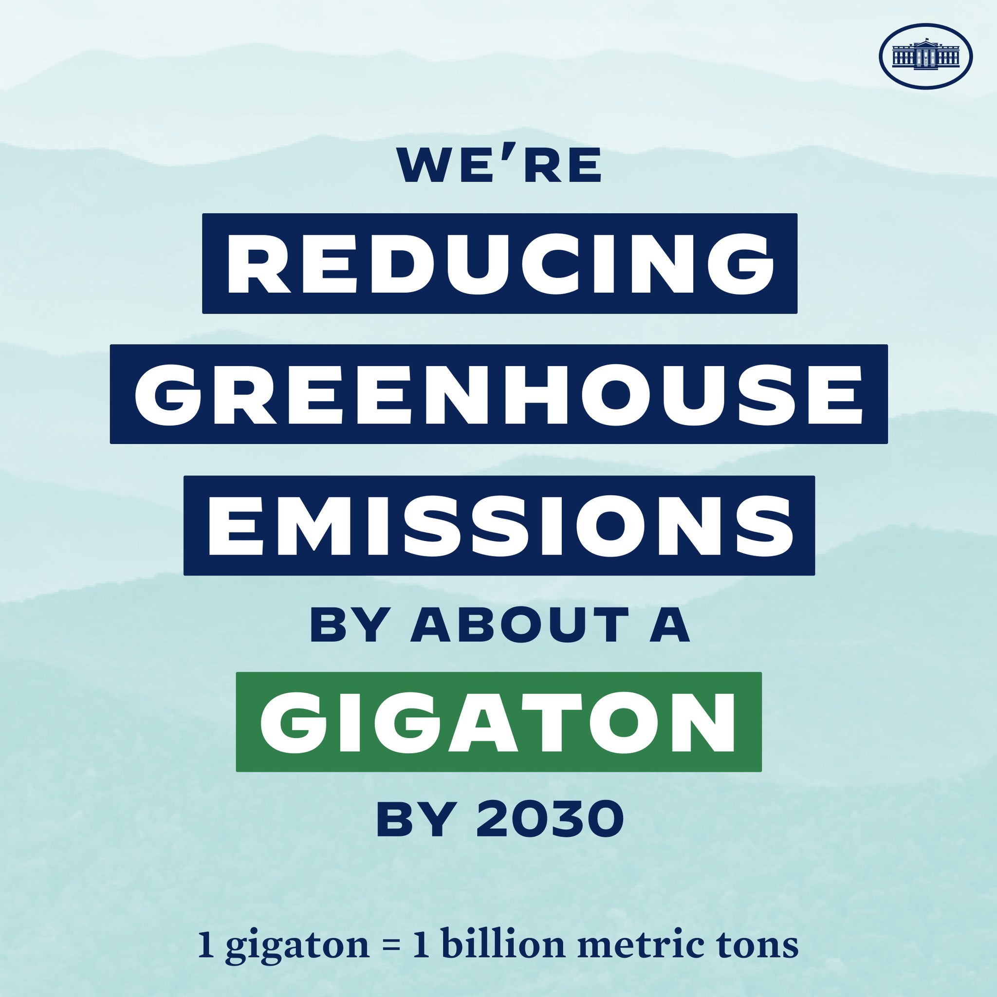 Plakat mit Text und Logo, das "Wir reduzieren die Treibhausgasemissionen um etwa eine Gigatonne bis 2030" fordert, für die Reduzierung der Treibhausgasemissionen bis 2030.