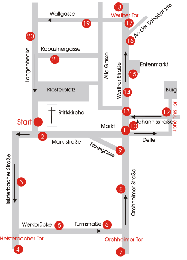 Eine detaillierte Karte von Heidelberg, Deutschland, die Straßen, Gebäude, Sehenswürdigkeiten und eine hervorgehobene Route zu einer Kirche mit zusätzlichem Text zeigt.