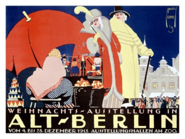 Plakat für eine Weihnachtsausstellung in altem Berlin mit leuchtenden Illustrationen von Menschen, Gebäuden und Gegenständen und dem Text "Weihnachtsausstellung in Alt-Berlin" oben.
