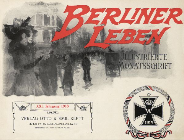 Ein altes Buchcover mit einer Gruppe von Menschen in festlicher Stimmung, Text "Berliner Leben" und ein Logo im Zusammenhang mit der deutschen Militär.
