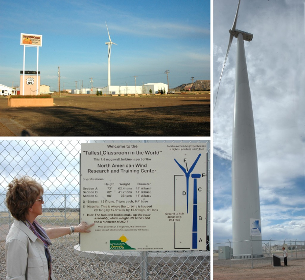 Eine Collage mit Windrädern, Strommasten, Kabeln, Gebäuden, Hügeln, einem bewölkten Himmel, einer Person auf dem Boden, Infotafeln und Bäumen.