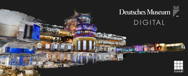 Digitale Kunst des Deutschen Museums Digital mit Gebäuden im Vordergrund vor dunklem Hintergrund, mit Text und Logo auf der rechten Seite.