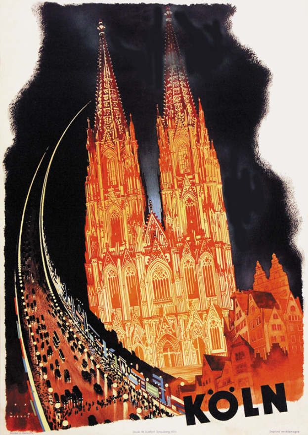 Ein Plakat, das eine Bahnstation in Köln, Deutschland, bewirbt und eine detaillierte Illustration des Kölner Doms mit seinen markanten Türmen und feinen Details zeigt, zusammen mit Text, der Informationen über die Station und ihre Dienstleistungen enthält.