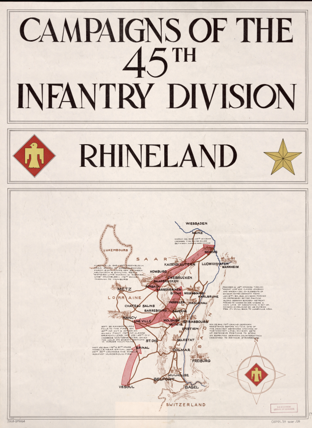 Ein Plakat mit einer detaillierten Karte der Kampagnen der 45. Infanteriedivision im Rheineland, mit farbcodierten Divisionen und begleitendem Text, der die Kampagnen, Divisionenamen und Schlachttermine beschreibt.