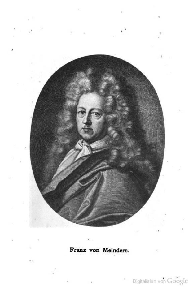 Schwarzes und weißes Porträt von Franz von Meinders, einem deutschen Komponisten mit langen Locken, mit deutschem Text unten.