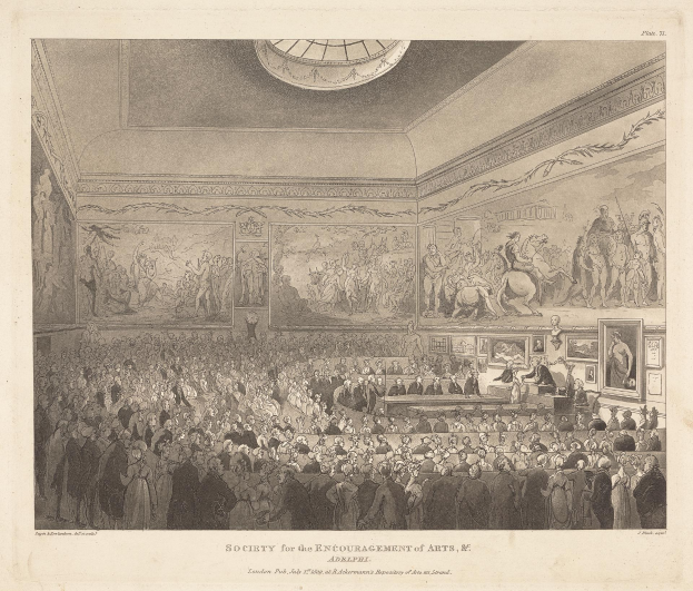 Gravierung eines großen Raums mit stehenden und sitzenden Menschen, Fotorahmen an den Wänden und einer Decke, mit Text unten, der 'Gesellschaft zur Förderung der Künste' lautet.