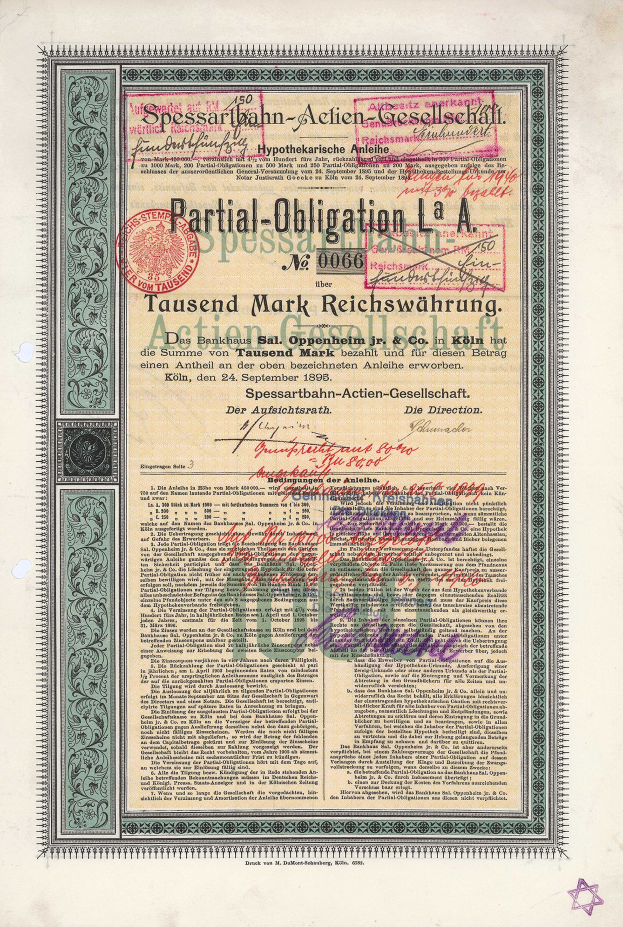 Ein altes deutsches Wertpapier, das von der deutschen Regierung ausgegeben wurde, mit Text und einem Stempel.
