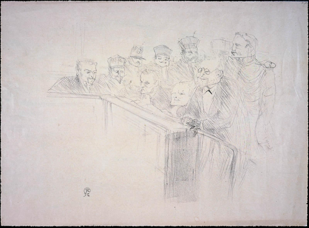 Schwarz-weiß-Zeichnung von Menschen, die an einem unordentlichen Tisch in einem Gerichtssaal während eines Prozesses sitzen, mit einem dicken schwarzen Rahmen um die Szene.