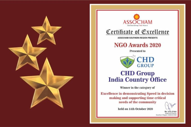 Auszeichnung 'Exzellenz' für Chd Group India Country Office bei den NGO Awards 2020 mit einem Schild-Logo mit einem Stern und einem Lorbeerkranz.