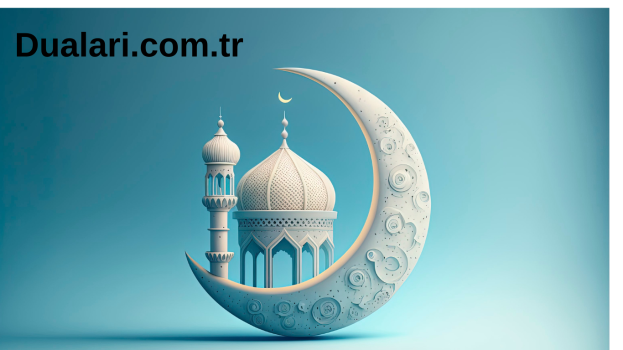 Ein animierter Halbmond mit einer Moschee im Hintergrund und den Worten "Ramadan Kareem" darauf.