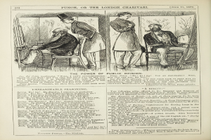 Ein altes Buchcover mit einem Mann in einem Anzug, der in einem Stuhl sitzt und nachdenklich schaut, und einer Frau, die neben ihm steht und ebenfalls nachdenklich schaut, mit der Aufschrift "Die Macht der öffentlichen Meinung" auf der Seite.