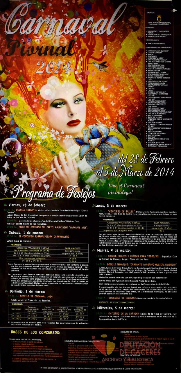 Plakat für das Karnevalsfest 2014 mit einer lachenden Frau in einem bunten Kleid auf einem lebhaften gelben Hintergrund, umgeben von schwarzem Text.