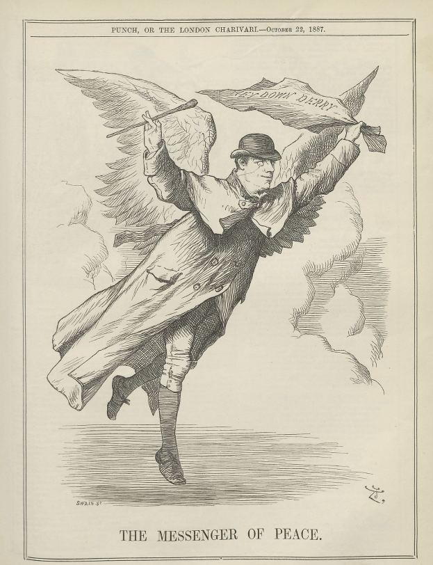 Ein Mann mit entschlossener Miene hält ein Papier, auf dem "Der Bote des Friedens" steht, und ist schlicht gekleidet mit einer selbstbewussten Haltung.