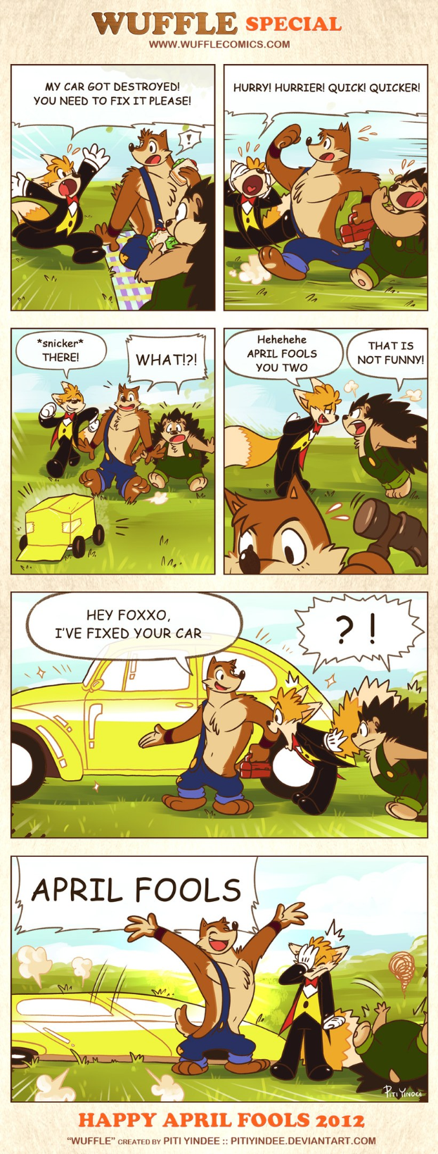 Comic-Strip-Plakat mit der Überschrift "April Fools", das einen Cartoon-Mann und eine Cartoon-Frau in einem Gespräch vor einem hellblauen Himmel mit weißen Wolken zeigt, wobei der Mann mit den Händen gestikuliert.