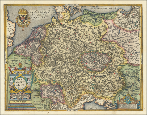 Eine Karte von Deutschland aus dem 16. Jahrhundert in einem Rahmen, die Provinzen und Städte zeigt.